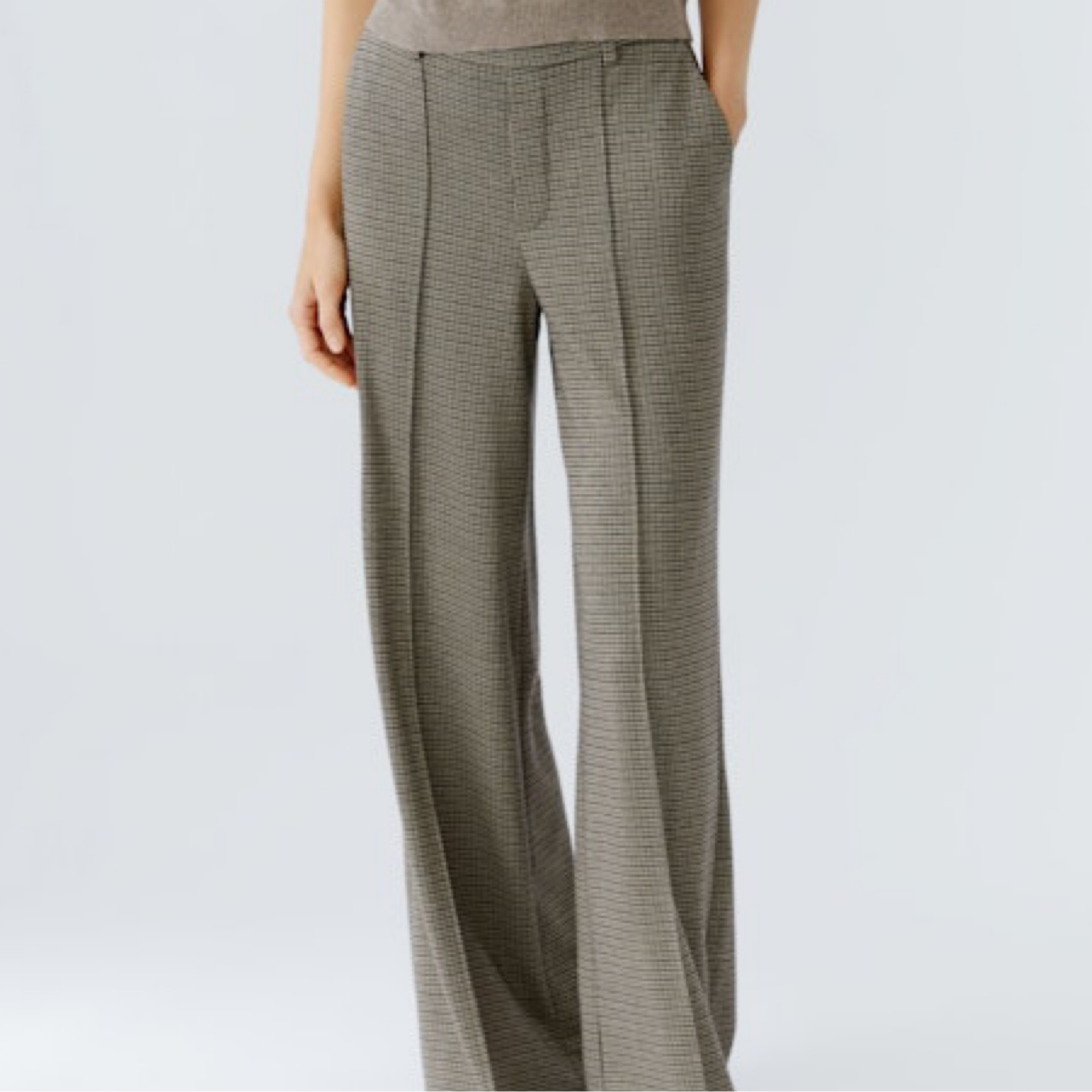 Oui - Light Stone Grey Check Pleat Trouser