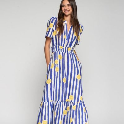 VILAGALLO - Lemon Print Stripe Linen Dress