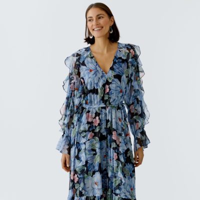 OUI - Navy Blue Floral Chiffon Effect Button Through Long Sleeve Dress