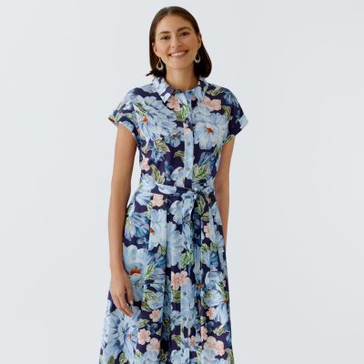 OUI - Navy Floral Inverted Pleat Cotton Button Through Dress