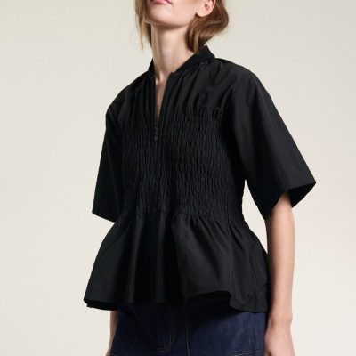 BITTE KAI RAND - Zip Up Black Smock Top With Ruched Detailing