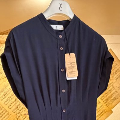 WHYCHI MILANO - Navy Blue Viscose Button Through Short Sleeve Dress Ruche Detailing On Waist At Back