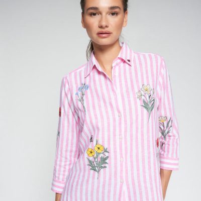 VILAGALLO - Pink Embroidered Flower Striped Shirt