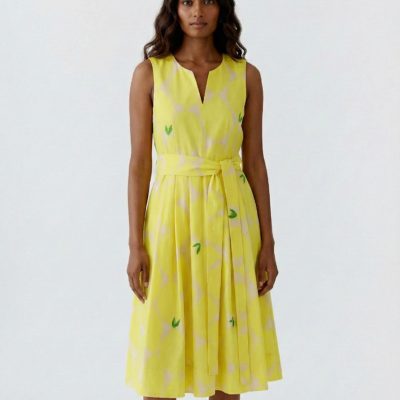 OUI- Camel and Yellow Sleeveless Leaf Print Belted Dress