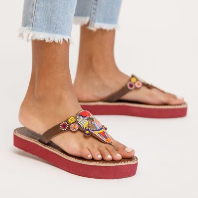 LAIDBACK LONDON - Shibli Chocolate Leather with Red Mix Beading