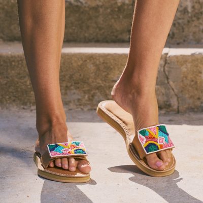 LAIDBACK LONDON - Zane Light Brown Leather with Multicoloured Beading Low Platform Sandal