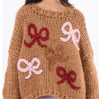 HOPE MACAULEY - Mocha Merino Chunky Knit Bow Sweater