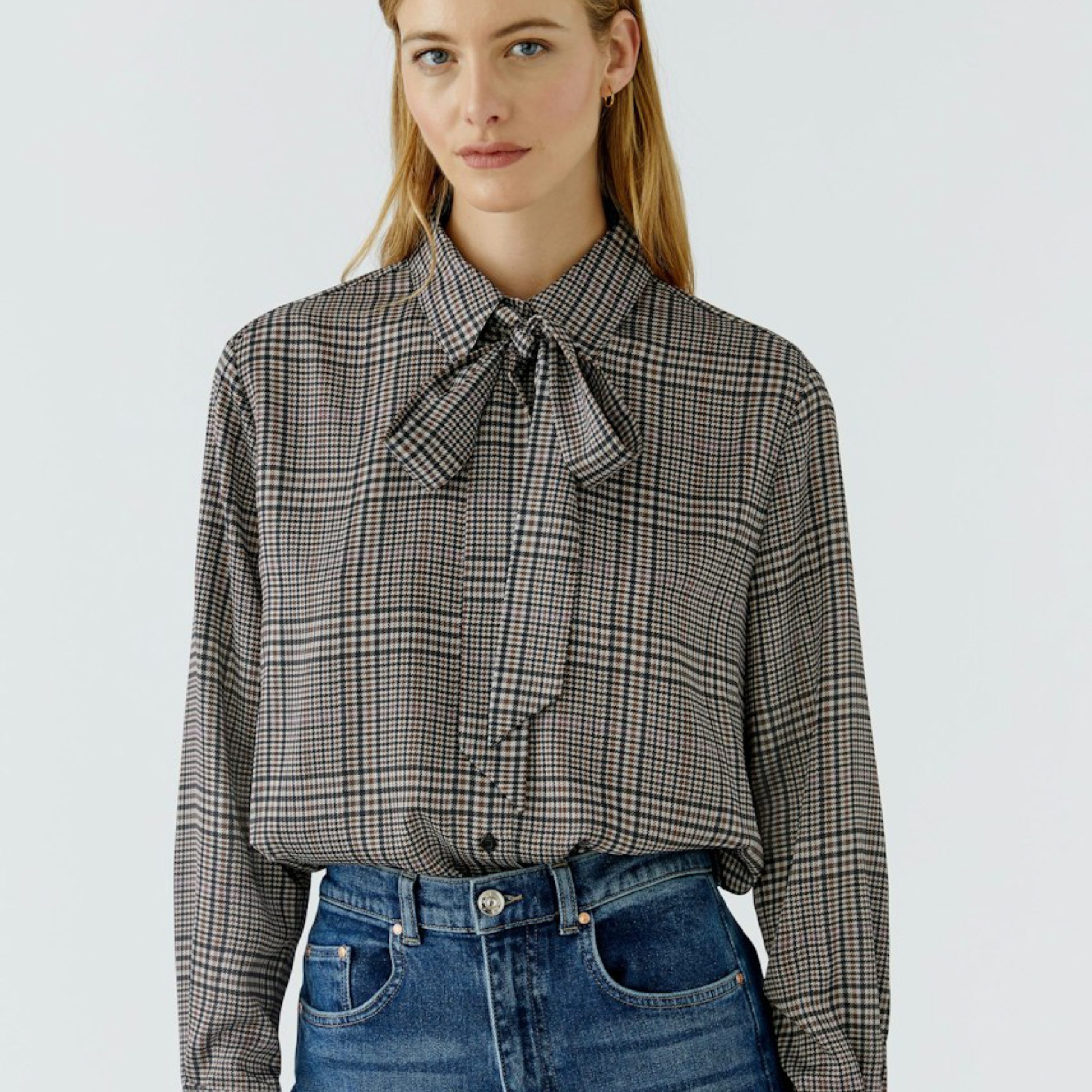 OUI - Off White/brown Pussybow Check Blouse