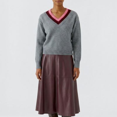 OUI - V Neck Grey and Red Pullover